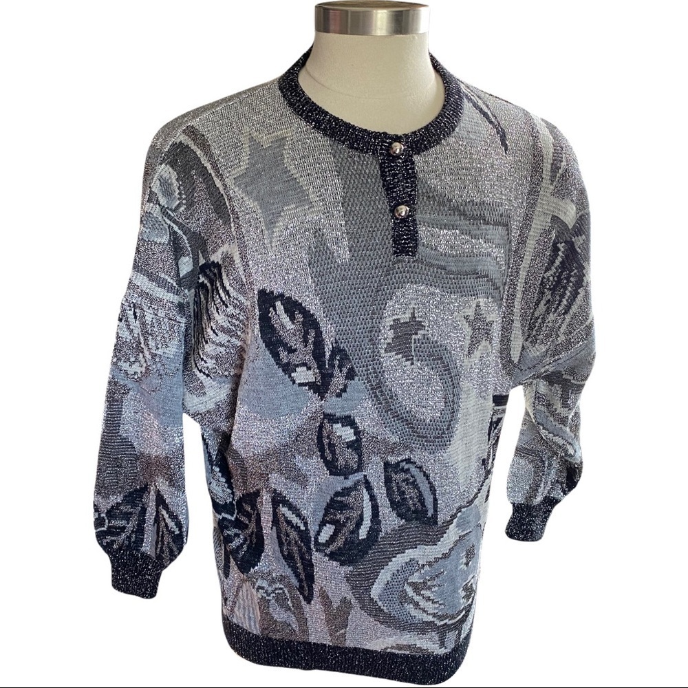 Alan Austin Made in Italy Wool & Metallic Black Silver Abstract Print Sweater L